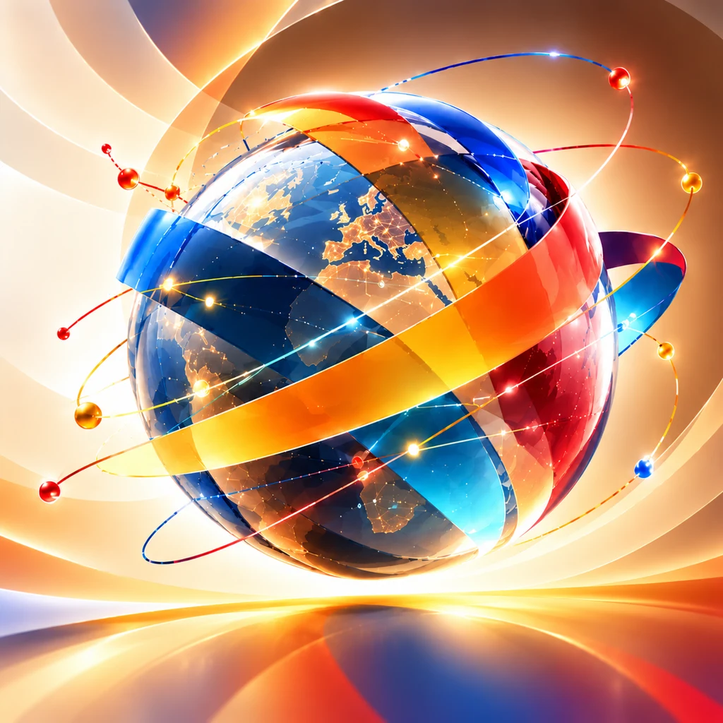 Luminous globe wrapped in blue, orange, yellow and red ribbons.